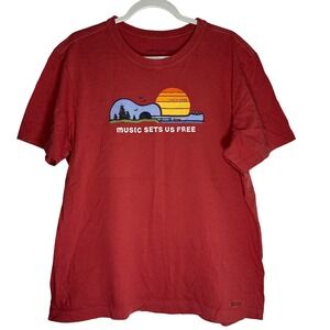 Life is Good Mens Large Music Sets Us Free Guitar Sunset Red Crusher Tee Shirt
